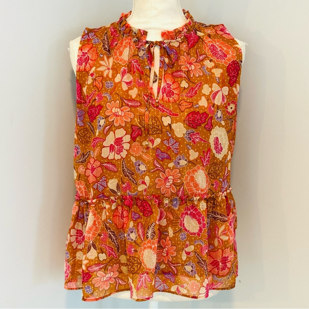 Orange and Pink Ruffled Peplum Blouse with Mandarin Collar